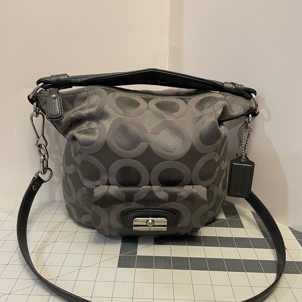 Gray Coach Fabric Bag. Purple Interior.